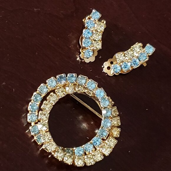 Uranium Demi-Parure Clip Earrings Double Ring Infinity MCM Pin Brooch Crystal - Picture 12 of 13